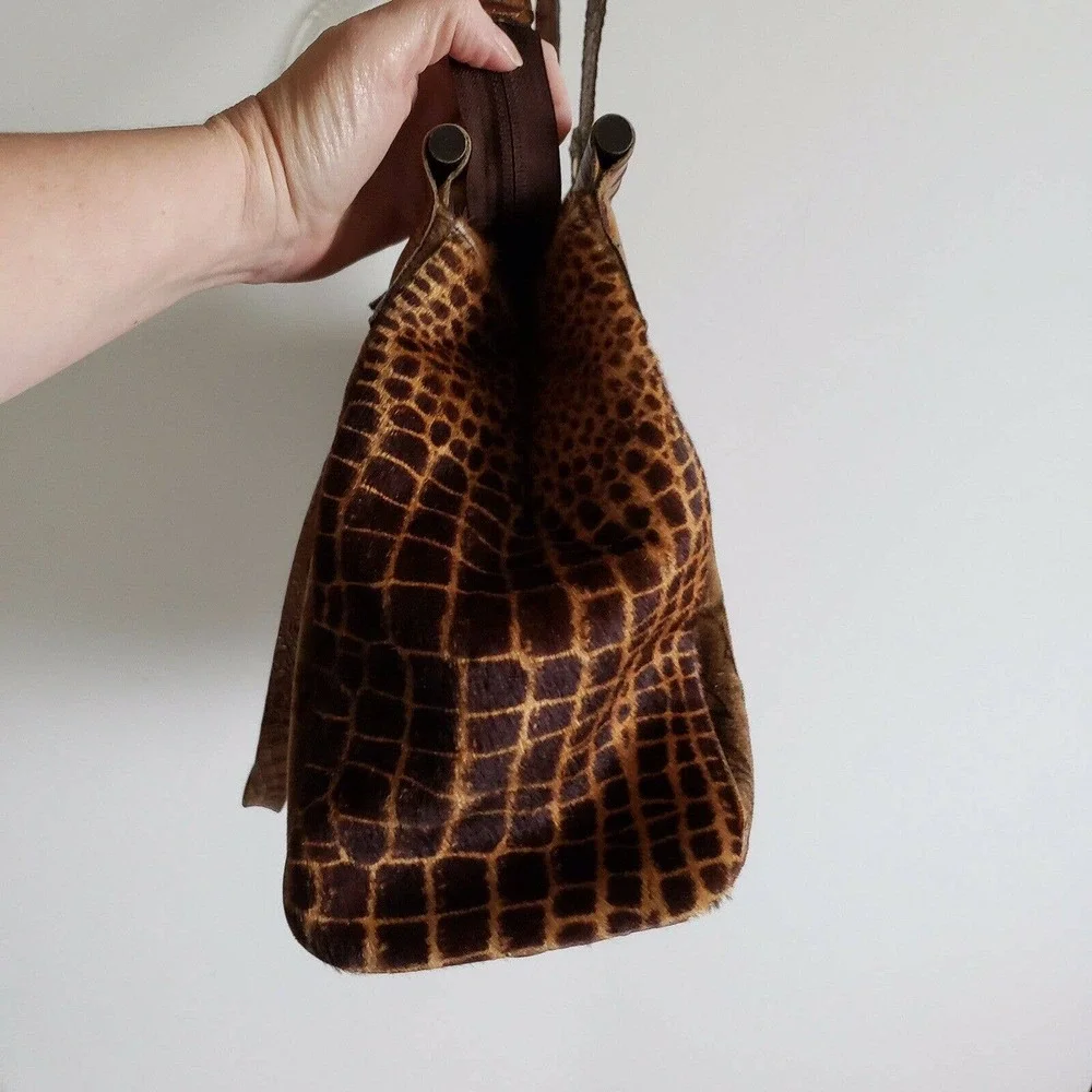 Rare Clever Carriage Company Brown Pony Hair Croc Embossed Leather Large Tote